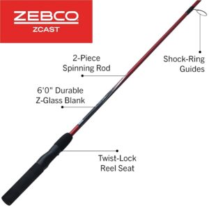 Zebco Z-Cast Cast Rod, 6', 2 Pc, Med, 1/4-3/8 oz Lures, 8 Lb - 12 Lb Line, 4 Guides + Tip
