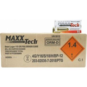 
MaxxTech Handgun Ammunition 9mm Luger 115 gr FMJ 1150 fps 1000/ct (20 Boxes 50/ct)